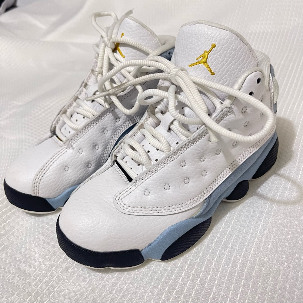 Kids White and Blue Jordan 13s